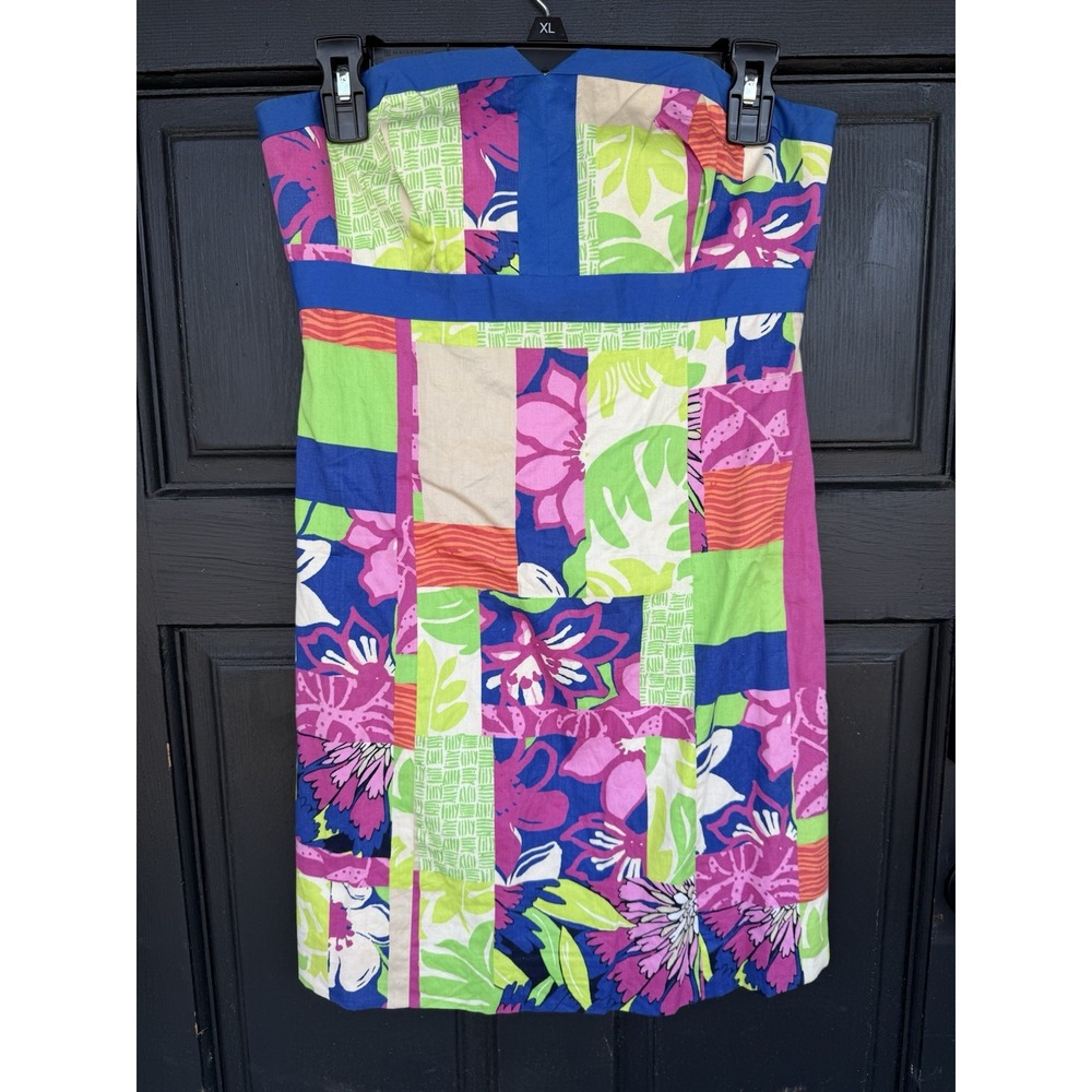 Lilly Pulitzer Blue Green Multi-Color Faux Patchwork Strapless Dress Size 2